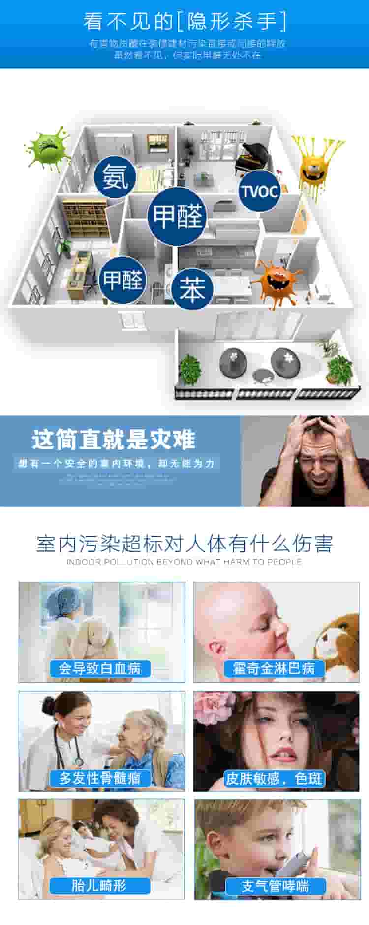 看不見的[隱形殺手]有害物質(zhì)在裝修建材污染直接或間接的釋放，雖然看不見，但實際甲醛無處不在，氨，甲醛，苯，TVOC，這簡直是災(zāi)難，想有一個安全的室內(nèi)環(huán)境，卻無能為力，室內(nèi)污染超標(biāo)對人體有什么傷害，會導(dǎo)致白血病，霍奇金淋巴病，多發(fā)性骨髓瘤，皮膚敏感，色斑，胎兒畸形，支氣管哮喘
