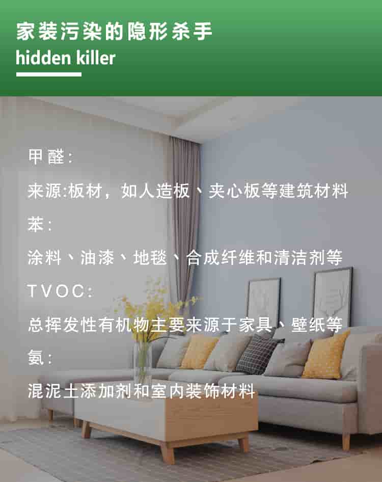 家裝隱形殺手，hidden killer，甲醛來(lái)源板材，如人造板材丶夾心板等建筑材料，苯涂料丶油漆丶地毯丶合成纖維和清潔劑等，TVOC總揮發(fā)性有機(jī)物主要來(lái)源于家具壁紙等，氨混泥土添加劑和室內(nèi)裝飾材料
