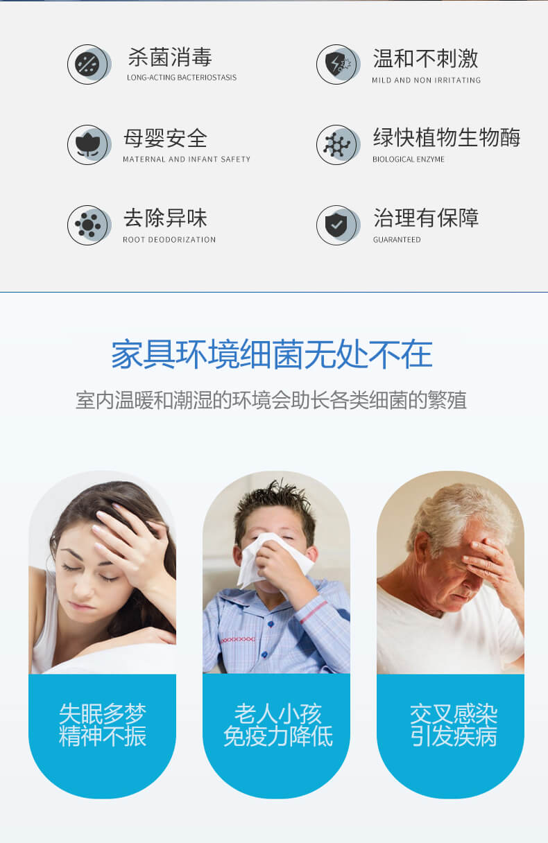 殺菌消毒，溫和不刺激，母嬰安全，綠快植物生物酶，祛除異味，治理有保障，家具環(huán)境細(xì)菌無處不在，室內(nèi)溫暖和潮濕的環(huán)境會助長各類細(xì)菌的繁殖，失眠多夢，精神不振，老人小孩免疫力降低，交叉感染，引發(fā)疾病