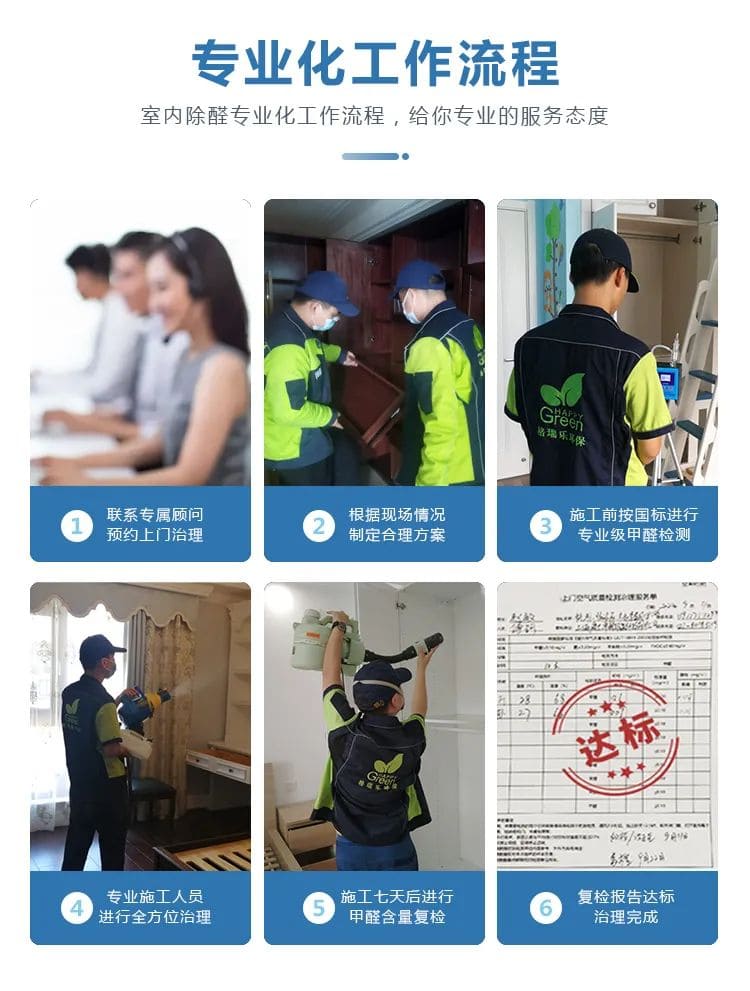 專業(yè)化工作流程,室內(nèi)除醛專業(yè)化工作流程,給你專業(yè)的服務(wù)態(tài)度,聯(lián)系專屬顧問預(yù)約上門治理,根據(jù)現(xiàn)場情況制定合理方案, 施工前按國標進行專業(yè)級甲醛檢測,專業(yè)施工人員進行全方位治理,施工七天后進行甲醛含量復(fù)檢,復(fù)檢報告達標治理完成