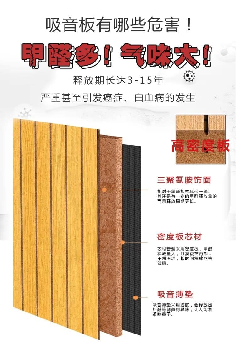 吸音板有哪些危害,甲醛多,氣味大,釋放期長(zhǎng)達(dá)3-15年 嚴(yán)重甚至引發(fā)癌癥、白血病的發(fā)生